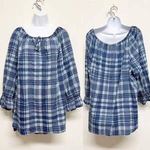 Cato Womens Plus Blue Plaid Long Sleeve Bohemian Peasant Tie Blouse Size 26/28W
